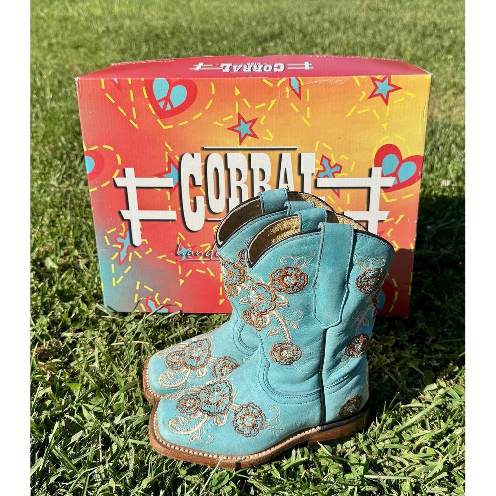 Corral Boots Kids Size 9 Turquoise Leather Western Floral Square Toe G1156